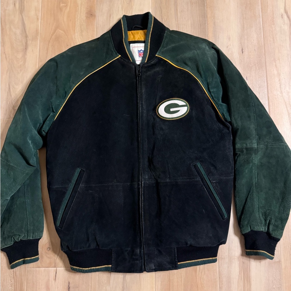 Vintage Suede Leather Green Bay Packers Bomber Jacket Size Medium